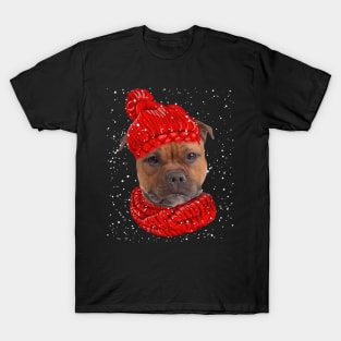 Staffordshire Bull Terriers Wearing Red Hat Christmas T-Shirt